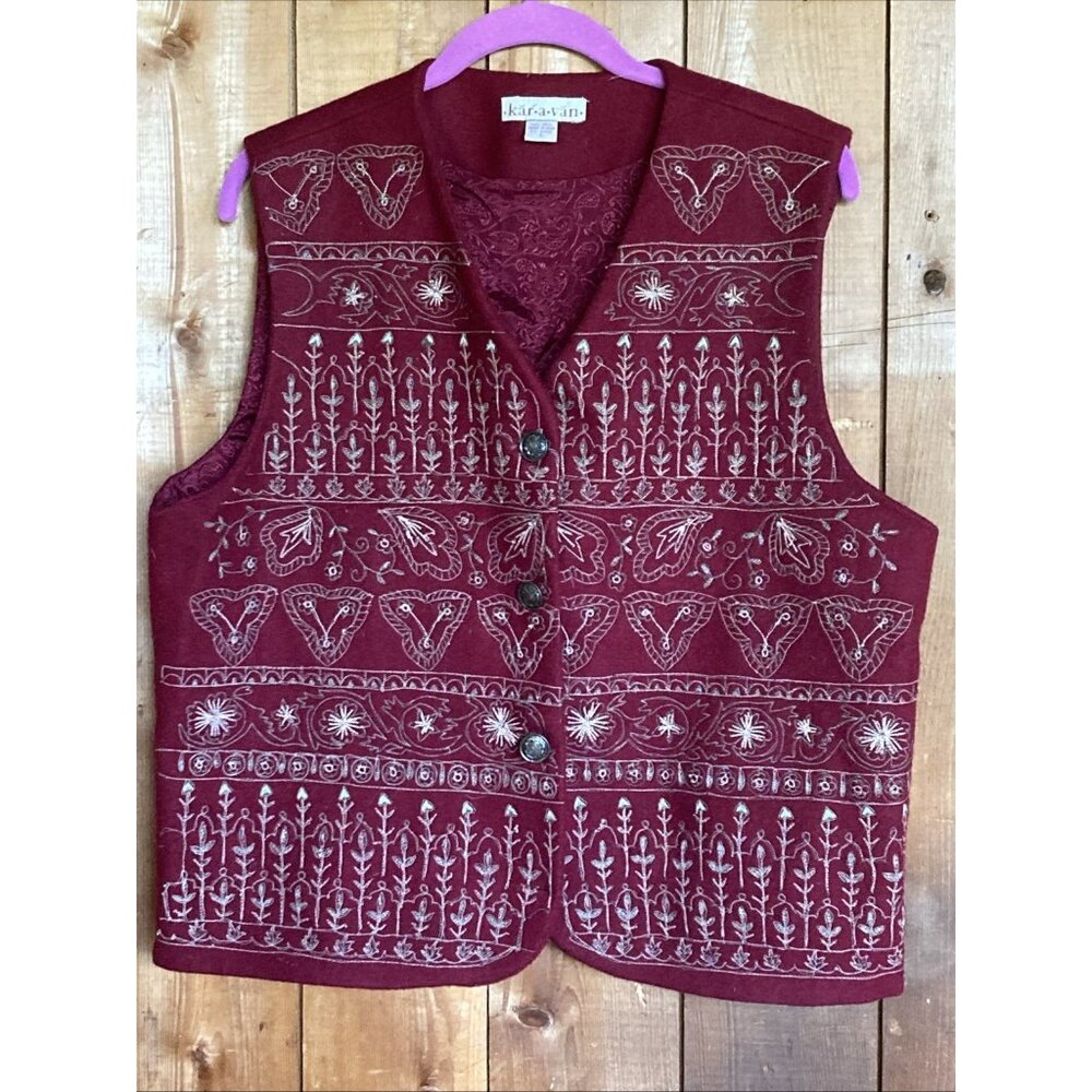 Vintage Karavan Vest Red Wool Nordic Embroidered Women’s Size Large